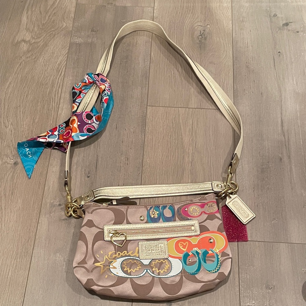 Stylish Beige and Gold Coach Bag